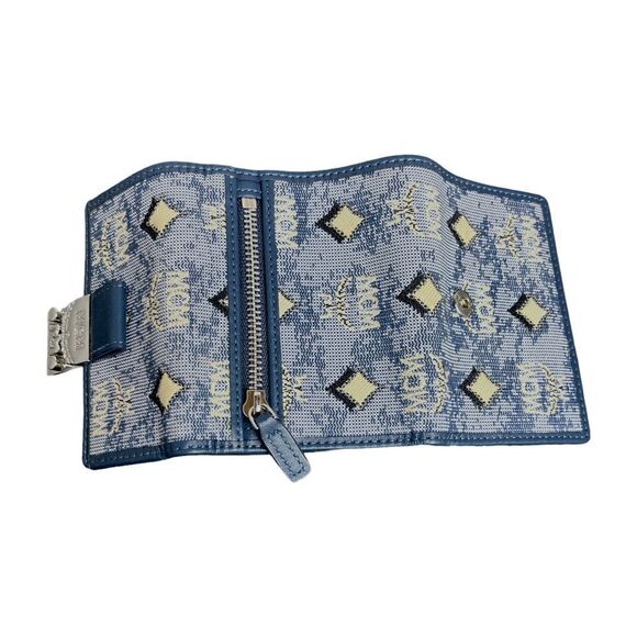 NWOT Auth MCM Veritas Trifold Small Monogram Logo Blue Snap Closure Mini Wallet - Picture 3 of 9